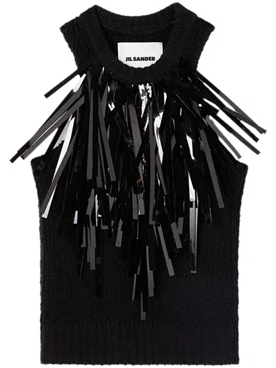 Jil Sander Cotton Top With Sequined Fringes In Black
