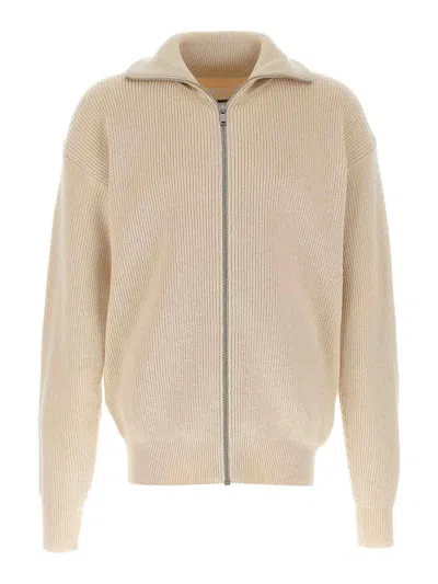 Jil Sander High Collar Cotton Cardigan With Ribbed Texture In Neutral