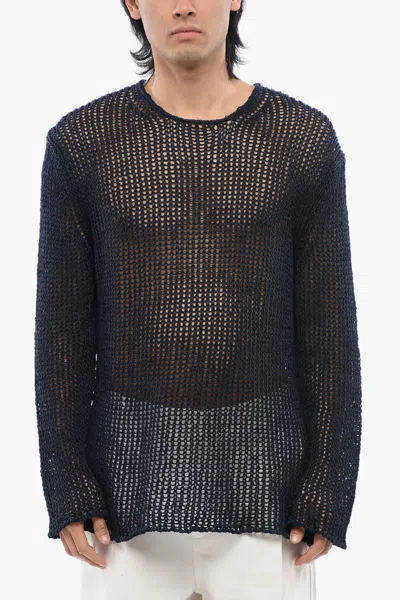 Jil Sander Crew Neck Openwork Cotton Sweater In Blue