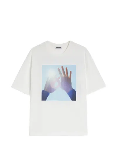 Jil Sander Mens Crew Neck T Shirt Hands Print In White