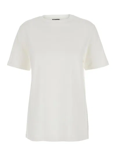 JIL SANDER WHITE CREWNECK T-SHIRT WITH LOGO PATCH APPLIED ON THE BACK