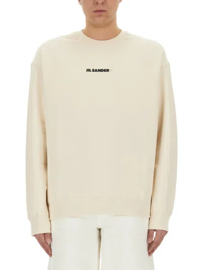 Jil Sander Crew Neck Sweatshirt With Signature Logo In Beige