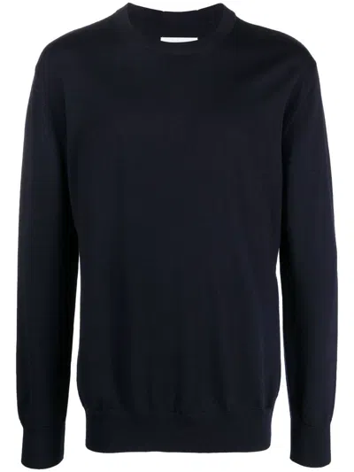 Jil Sander Leather-patch Crew-neck Jumper In Blau