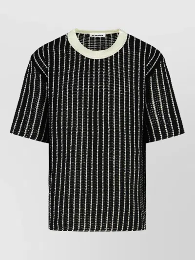 Jil Sander Crochet Cotton T Shirt Crew Neck Striped In Black