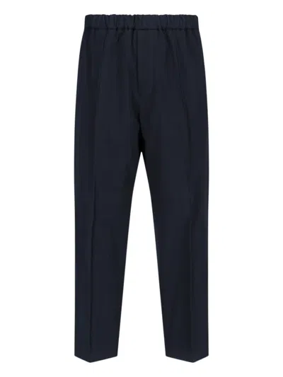 Jil Sander Cropped Tapered Blue Cotton Pants With Elastic Waistband