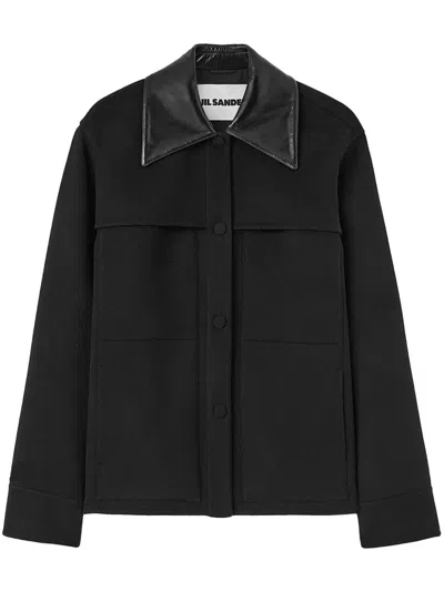 Jil Sander Wool Jacket With Contrast Collar And Front Pockets In Black