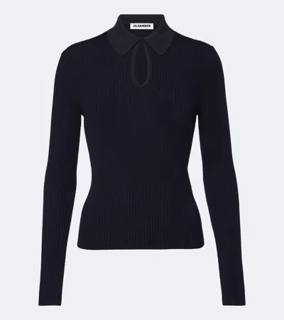 Jil Sander Cutout Ribbed-knit Wool Polo Sweater In Blue