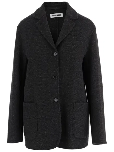 Jil Sander Dark Gray Wool Coat With Classic Lapel In Black