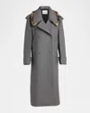 Jil Sander Double-breasted Wool Long Coat With Detachable Sheep Shearling Collar In Multi