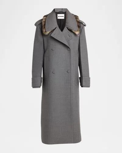 Jil Sander Double-breasted Wool Long Coat With Detachable Sheep Shearling Collar In Multi