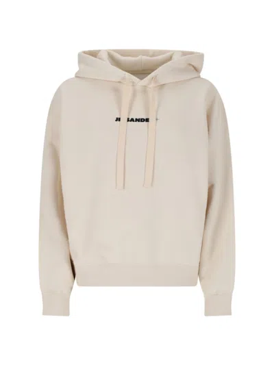 Jil Sander Drawstring Hoodie With Logo Print In Neutral