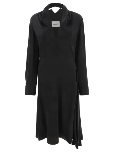 Jil Sander Cutout Back Button Detail Long Sleeve Midi Dress In Black