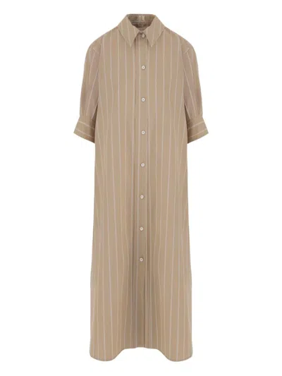 Jil Sander Long Cotton Dress With Striped Pattern In Brown