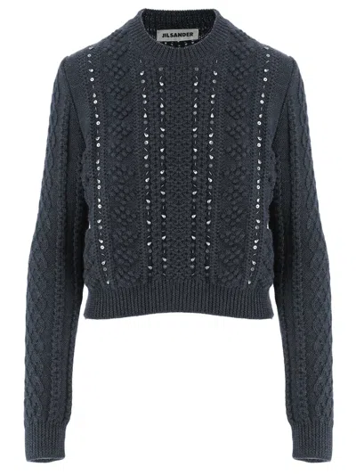 Jil Sander Embellished Dark Blue Wool Knit Sweater In Gray