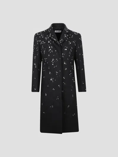 Jil Sander Embellished Long Wool Coat In Black