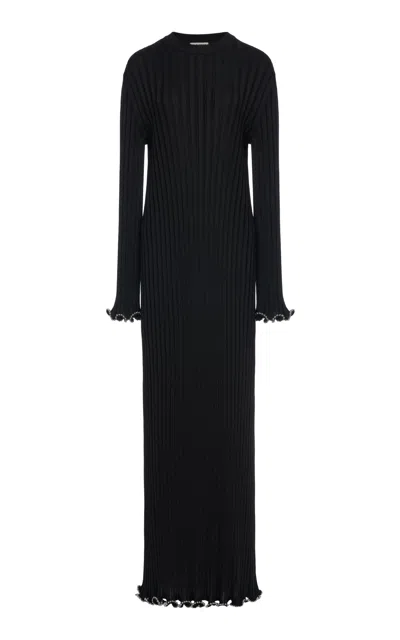 Jil Sander Embellished Plissé Silk Maxi Dress In Black