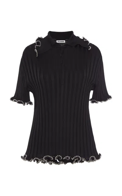 Jil Sander Embellished Ribbed-knit Polo Top In Black