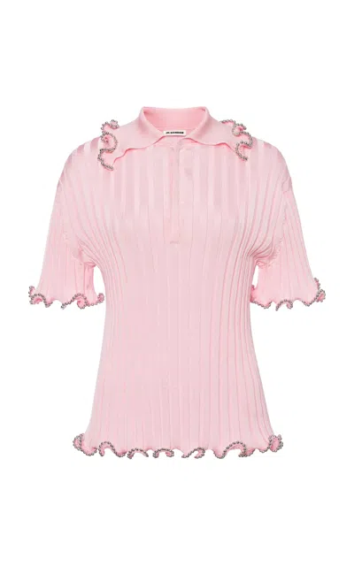 Jil Sander Embellished Ribbed-knit Polo Top In Pink