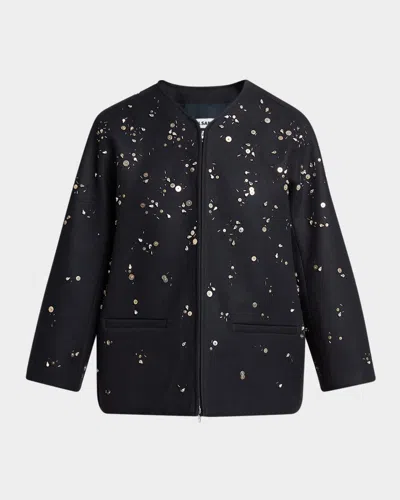 Jil Sander Dark Navy Metallic Embellished Virgin Wool Jacket In Black