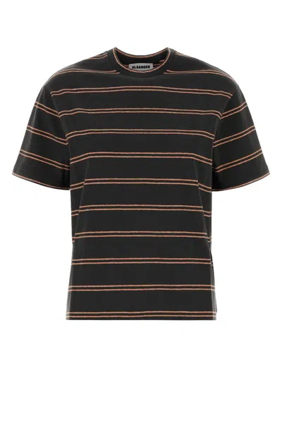 Jil Sander Embroidered Cotton T-shirt With Striped Motif In Black