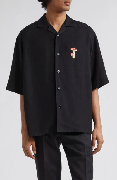 JIL SANDER EMBROIDERED MUSHROOM SHORT SLEEVE CAMP SHIRT