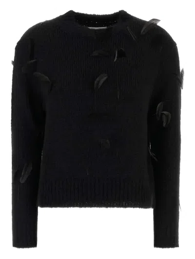 Jil Sander Crew Neck Alpaca Blend Sweater With Feathers In Black