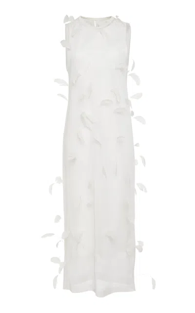 Jil Sander Feather-embroidered Silk Midi Dress In White