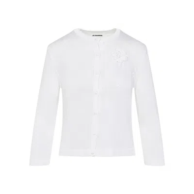 JIL SANDER FEATHER WHITE VISCOSE CROCHET-EMBELLISHED CARDIGAN