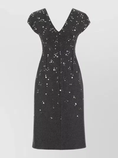 Jil Sander Felt Dress Fitted Silhouette Sequin V Neckline In Black
