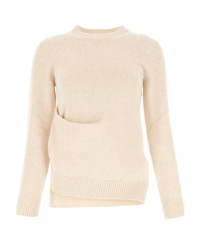Jil Sander Ribbed Crew Neck Knit Top With Side Slits In Beige