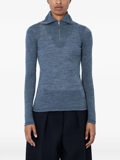 Jil Sander Fine-knit Quarter-zip Polo Top In Blue