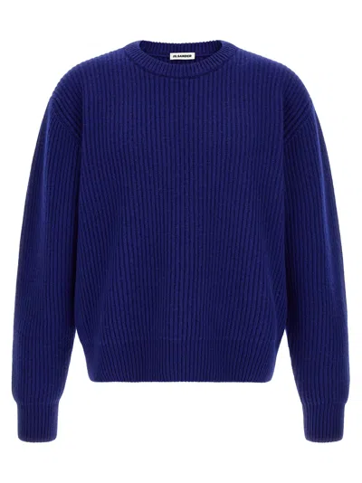 Jil Sander Fisherman Rib Knit Crew Neck Sweater In Blue