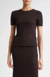 Jil Sander Fitted Embroidered Crepe Jersey Short Sleeve Top In Chocolate Brown