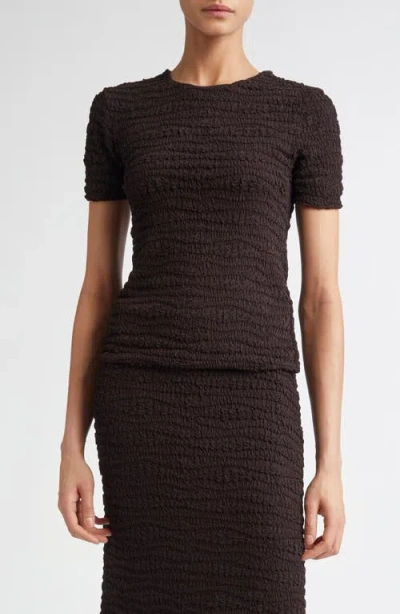 Jil Sander Fitted Embroidered Crepe Jersey Short Sleeve Top In Chocolate Brown