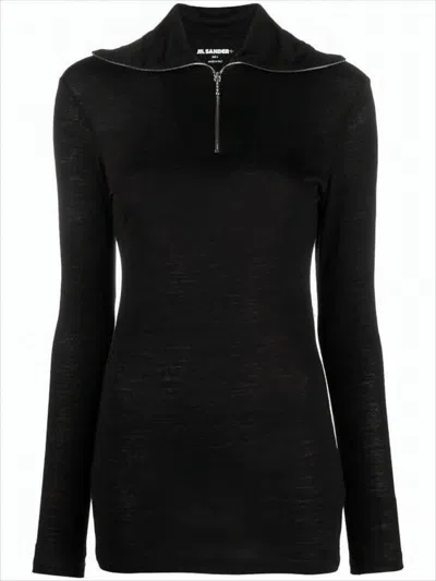 Jil Sander Fitted Turtleneck With Half-zip Closure And Subtle Branding In Black