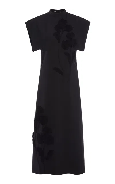 Jil Sander Floral-appliquéd Crepe Midi Dress In Black