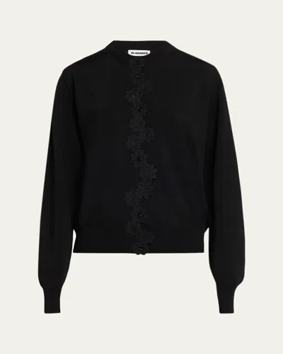 Jil Sander Floral Embroidered Cotton-blend Crewneck Cardigan In Black