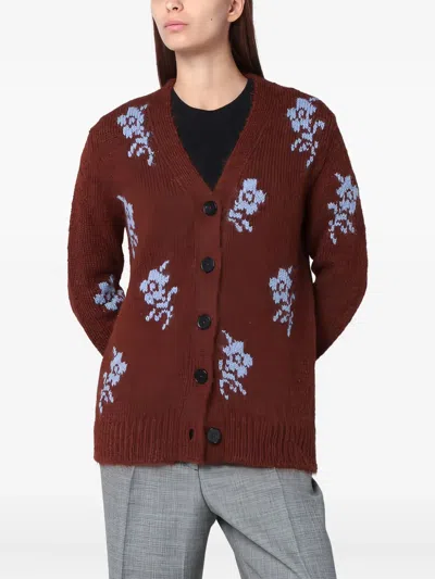 Jil Sander Floral Long Sleeve Cardigan With V Neck In Brown