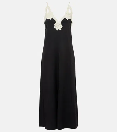 Jil Sander Guipure Lace-trimmed Satin Midi Dress In Black