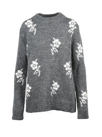 Jil Sander Floral-embroidered Crewneck Sweater In Medium Grey In Gray
