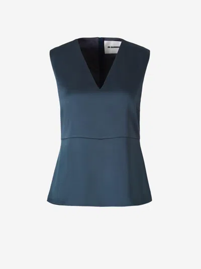 Jil Sander Smooth Blue Fabric Fitted Deep V-neck Tank Top