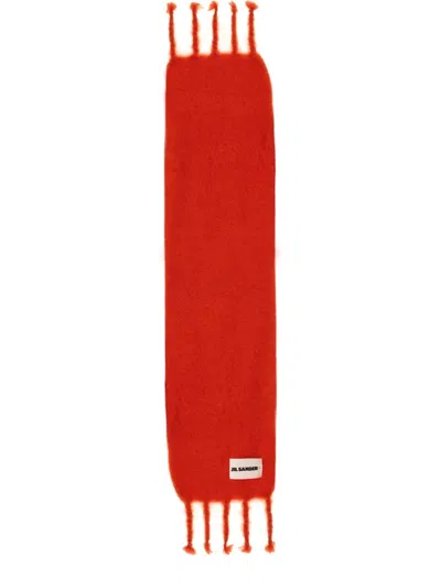 Jil Sander Fluffy Orange Scarf With Logo Tag In Red