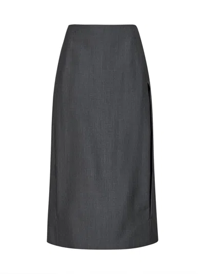 Jil Sander Fog Grey Wool Canvas Midi Skirt With Slits