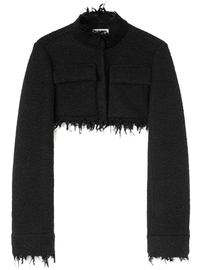 Jil Sander Frayed Detailing Cropped Tweed Jacket In Black