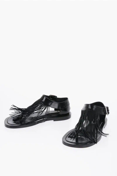 Jil Sander Fringed Leather Sandals With Buckle In White