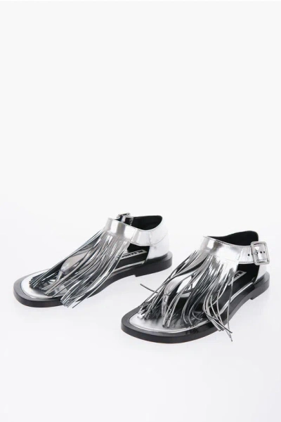 Jil Sander Fringed Leather Sandals With Buckle In Metallic