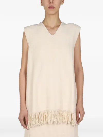 Jil Sander V-neck Top With Fringed Hem In Neutral