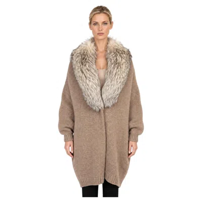 Pre-owned Jil Sander Fur Trim Chunky Rib-knit Coat Taupe M M In Brown