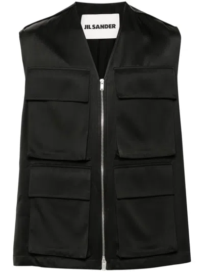 Jil Sander '14' High Collar Sleeveless Vest With Multiple Pockets In 黑色的