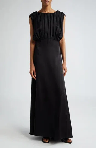 Jil Sander Gathered Cap Sleeve Satin Gown In Black